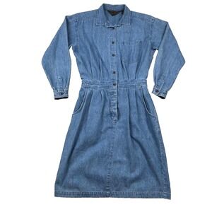 Vintage Eddie Bauer Shirt Dress Womens Small Petite Denim Button Pleat Ruched